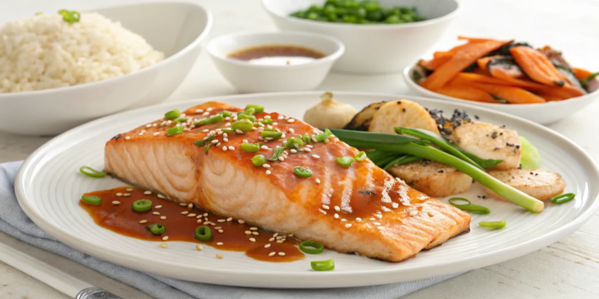 Bang Bang Salmon plated with a creamy sauce, green onions, and sesame seeds.