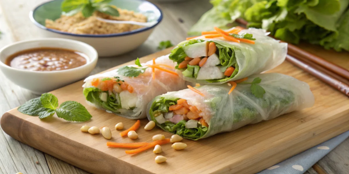 Fresh spring rolls with colorful vegetable fillings and peanut dipping sauce on a wooden board