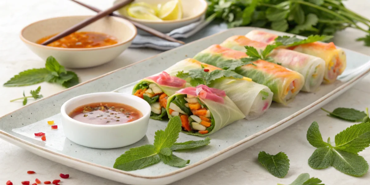 Fresh spring rolls with dipping sauces on a plate