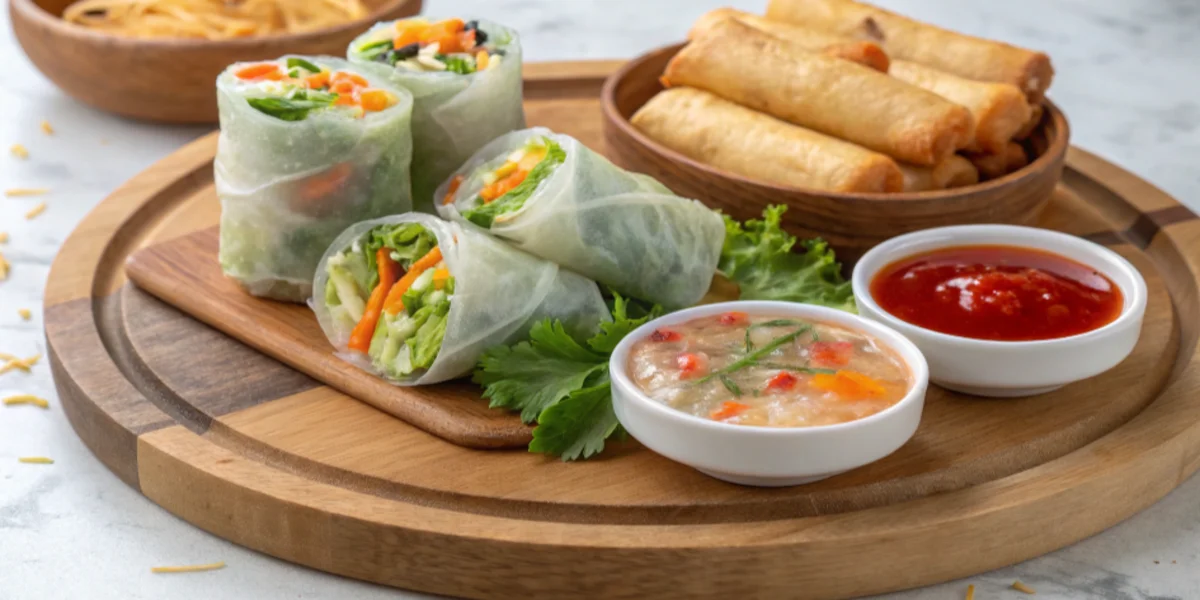 Fresh and fried spring rolls side by side on a platter with dipping sauces