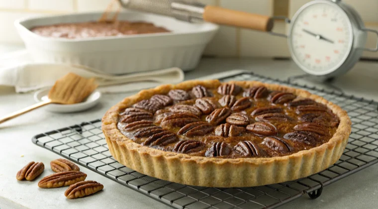  A freshly baked pecan pie cooling on a wire rack with a golden crust and glossy filling.