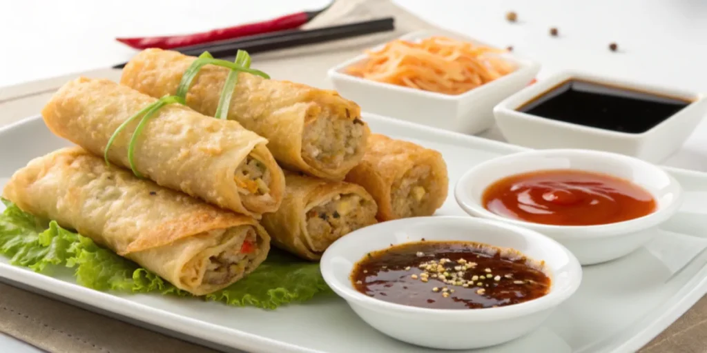 Crispy fried spring rolls served with sweet chili and soy dipping sauces