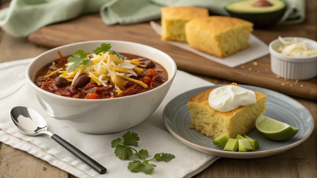  A garnished chili bowl served with cornbread and lime wedges on a rustic table