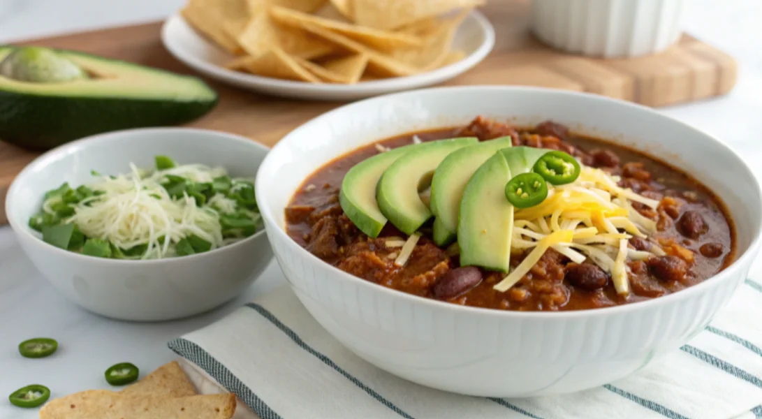 A bowl of chili garnished with avocado, cheese, and green onions, served with tortilla chips