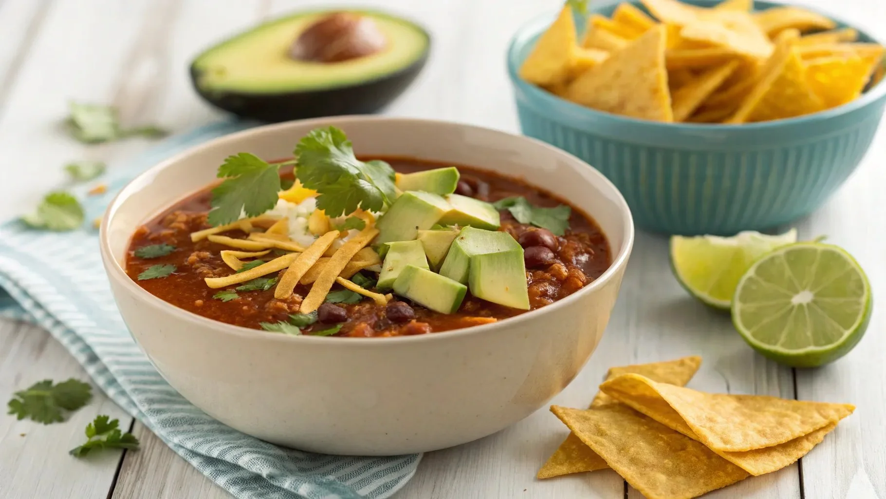 A thick and hearty bowl of taco soup with cilantro, avocado, cheese, and tortilla strips.