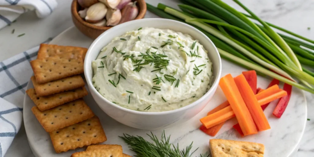 Cream cheese spread with herbs served alongside crackers and veggies