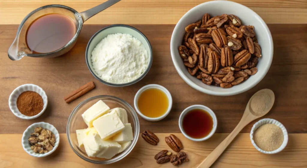  Ingredients for pecan pie dip laid out on a wooden countertop, including cream cheese, butter, pecans, and syrup.