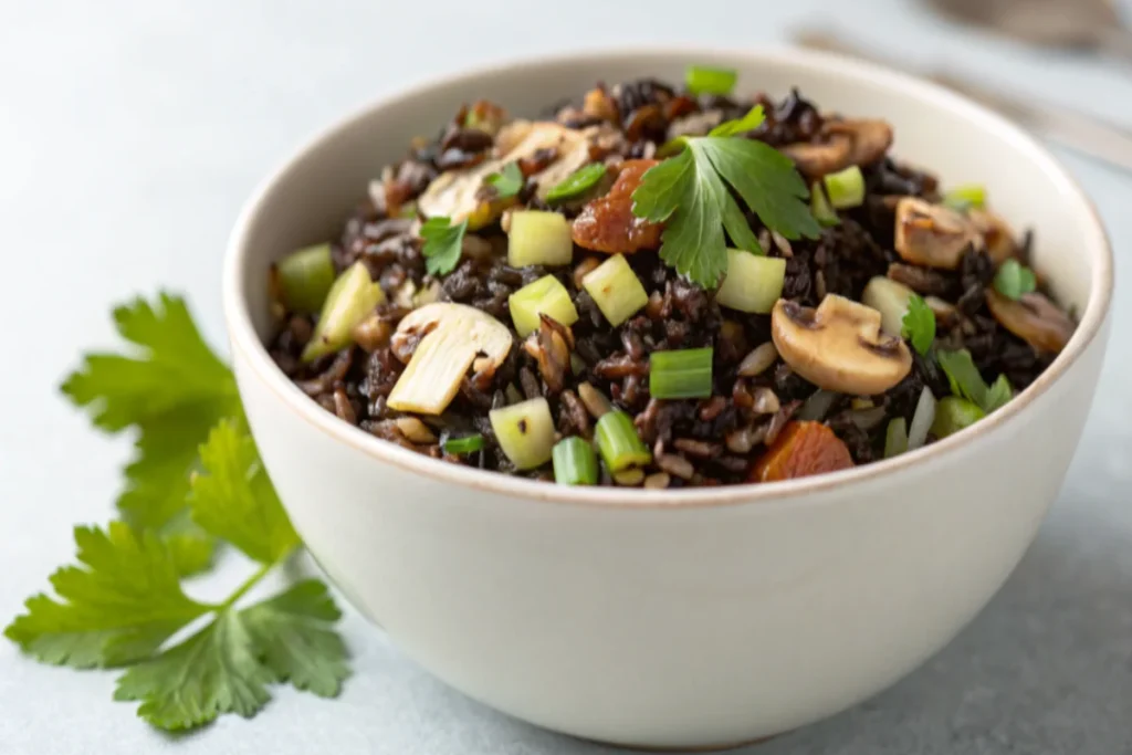 A minimalist bowl of wild rice pilaf with mushrooms and parsley, served on a clean gray background