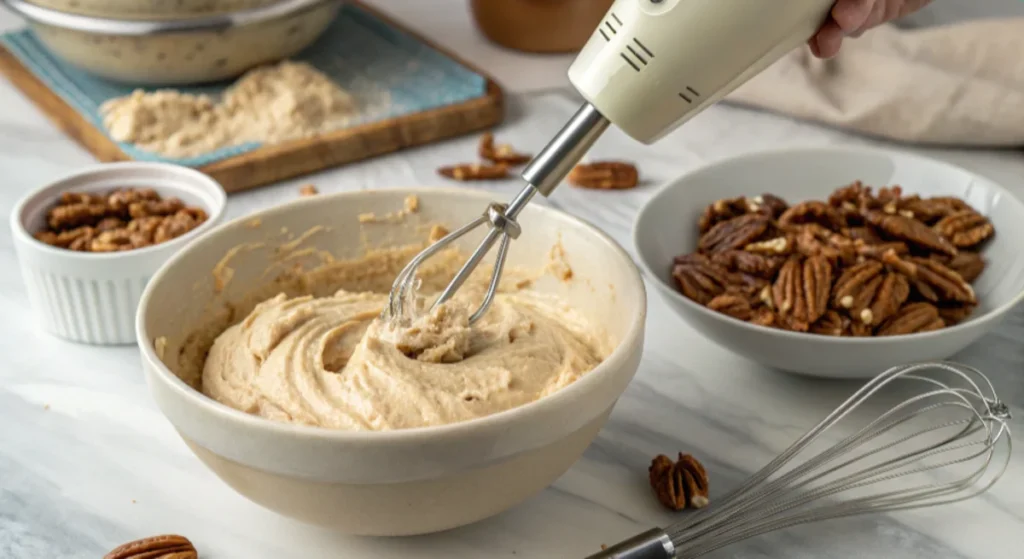 A person mixing creamy pecan pie dip with a hand-held mixer in a kitchen setting