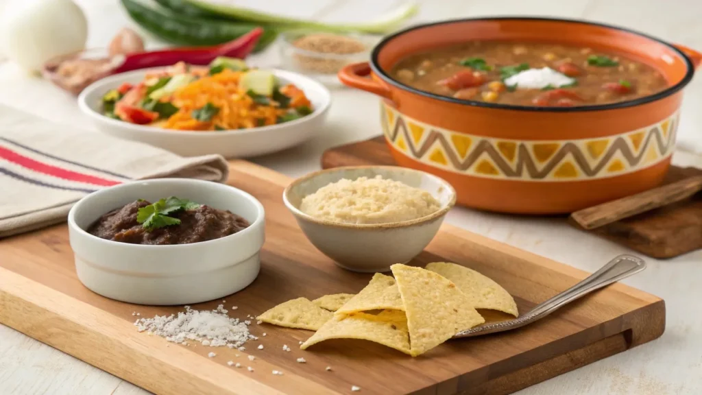 Natural thickening ingredients like mashed beans, crushed tortilla chips, and pureed vegetables for taco soup.