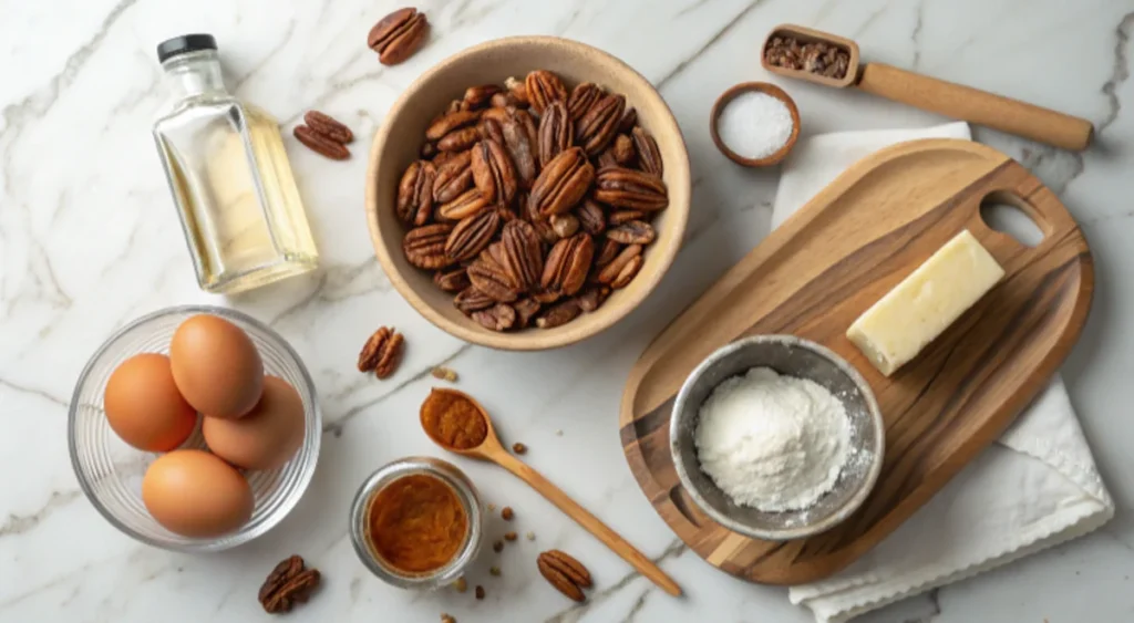  Ingredients for making pecan pie, including pecans, butter, eggs, vanilla extract, and sugar.