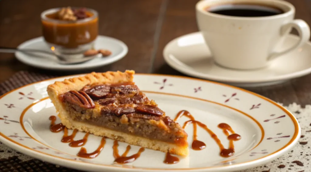 Pecan pie slice with coffee and caramel sauce.