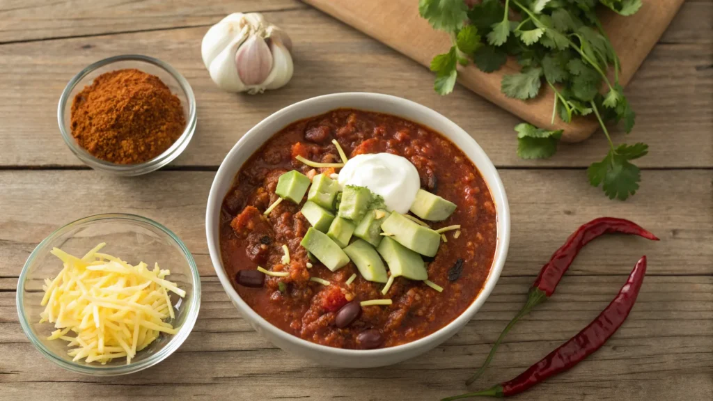 A bowl of chili with toppings, surrounded by neatly arranged chili ingredients on a rustic wooden table.