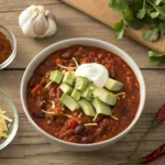 A bowl of chili with toppings, surrounded by neatly arranged chili ingredients on a rustic wooden table.