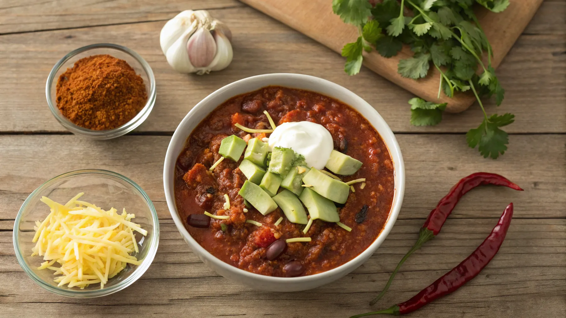 A bowl of chili with toppings, surrounded by neatly arranged chili ingredients on a rustic wooden table.