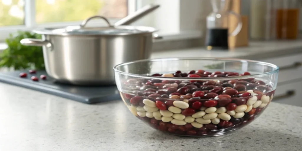 A glass bowl of kidney, black, and white beans soaking in clear water on a modern kitchen counter with a stainless steel pot in the background and natural light streaming through a window.