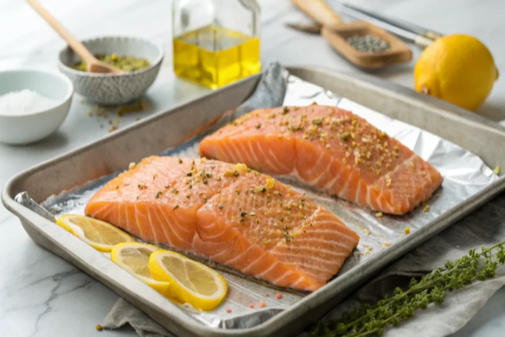 Raw salmon fillets brushed with olive oil, seasoned with lemon zest, salt, and pepper, on a foil-lined baking sheet