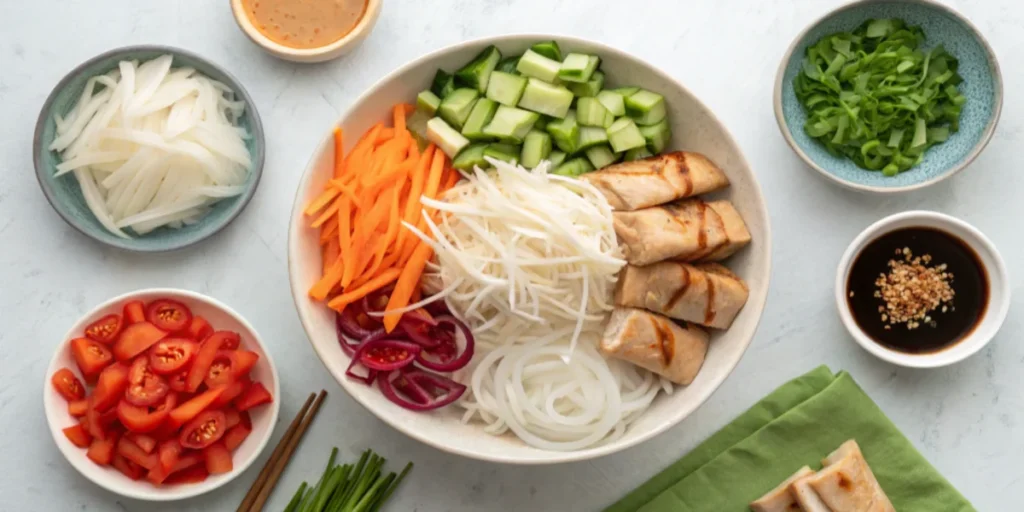 Ingredients for a spring roll bowl, including fresh vegetables, noodles, and sauces