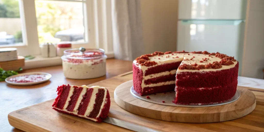 Red velvet cake with cream cheese filling, sliced to show layers, placed on a wooden countertop near a fridge.