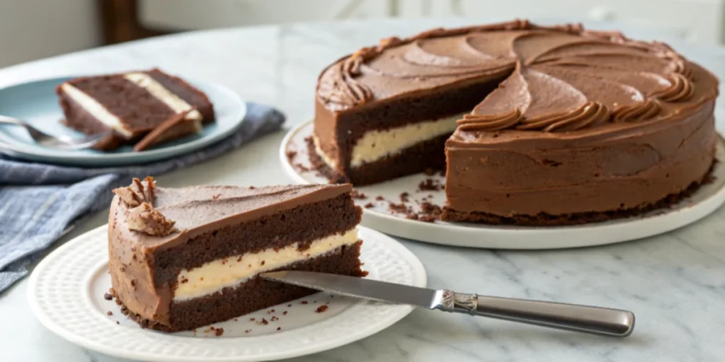 A frosted chocolate cake with cream cheese filling, slightly firm from refrigeration, with a slice cut and served