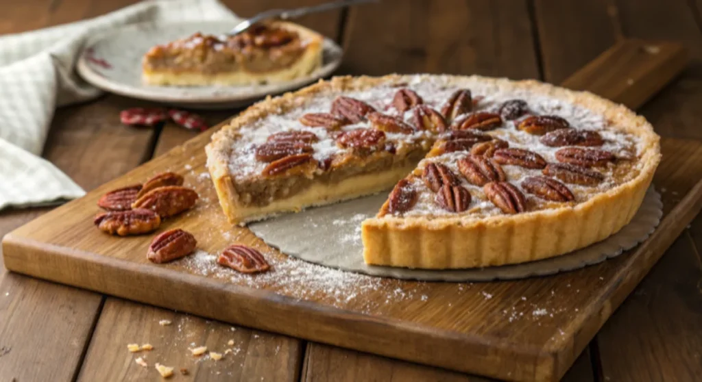 Whole pecan pie at room temperature, sliced with one piece removed.