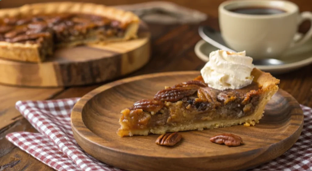 A slice of pecan pie with flaky crust, gooey filling, and a dollop of whipped cream.