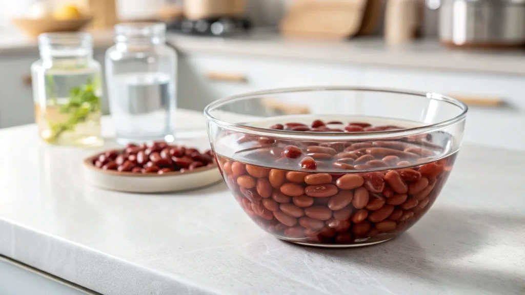 Glass bowl of soaking kidney beans in water on a white countertop.