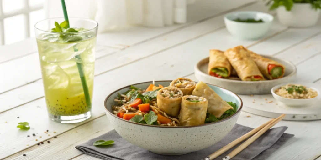 A spring roll bowl served with iced green tea