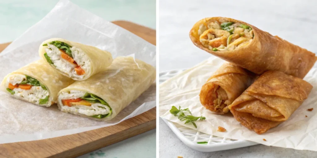 Side-by-side comparison of a fresh rice paper wrapper and a crispy fried wrapper