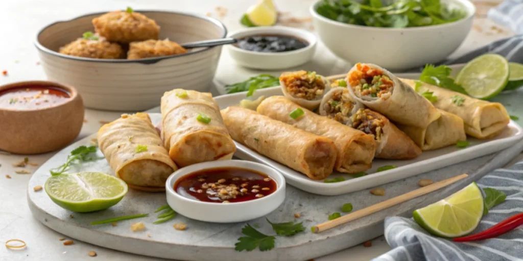 A platter of spring rolls and egg rolls with dipping sauces and garnishes