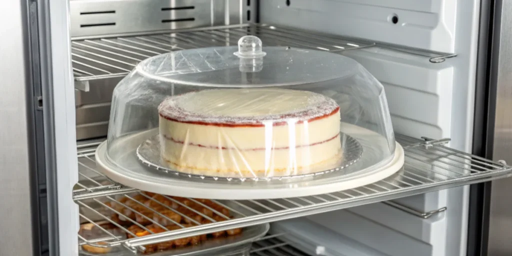 A cream cheese-filled cake stored in a cake dome inside a stainless steel refrigerator