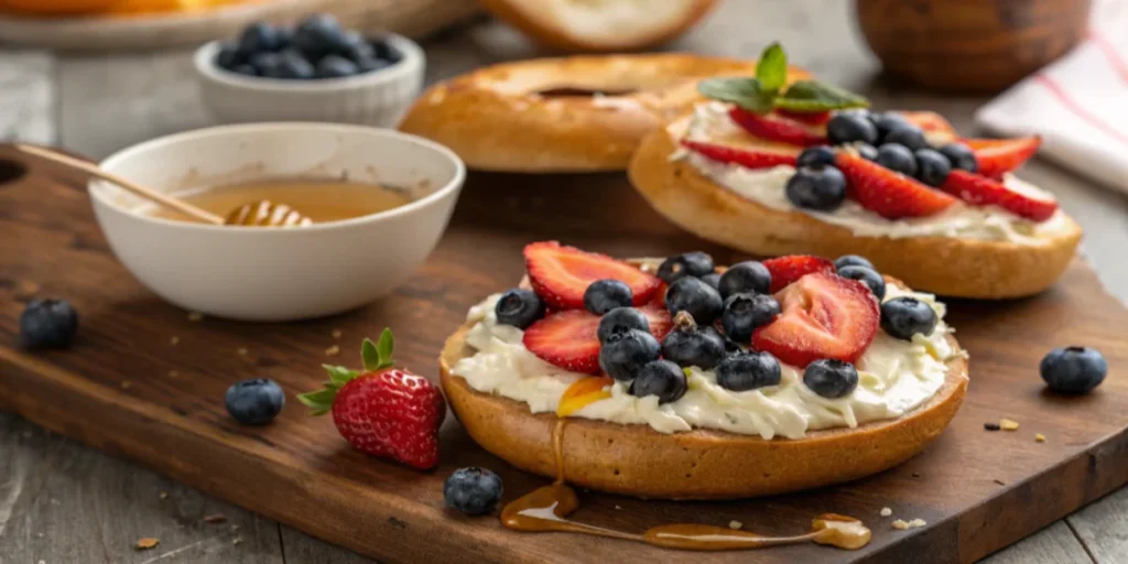 Blueberry and strawberry cream cheese spread on a toasted bagel with honey drizzle