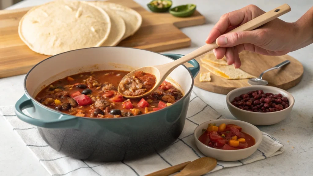  A pot of thick taco soup being stirred, with masa harina and a measuring spoon on the side.