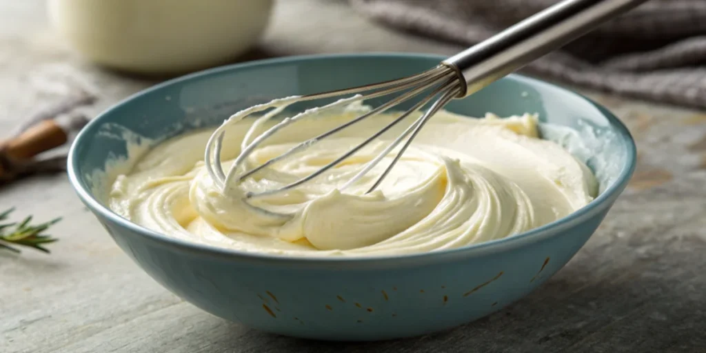 A runny cream cheese filling in a mixing bowl with a whisk, illustrating common issues.