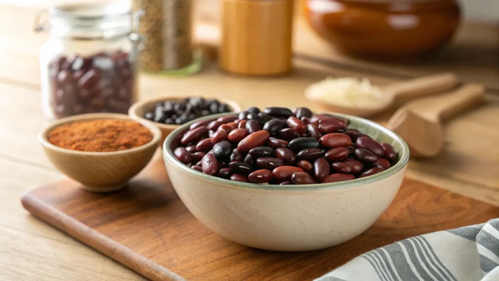 A bowl of uncooked kidney, black, and pinto beans on a wooden counter.