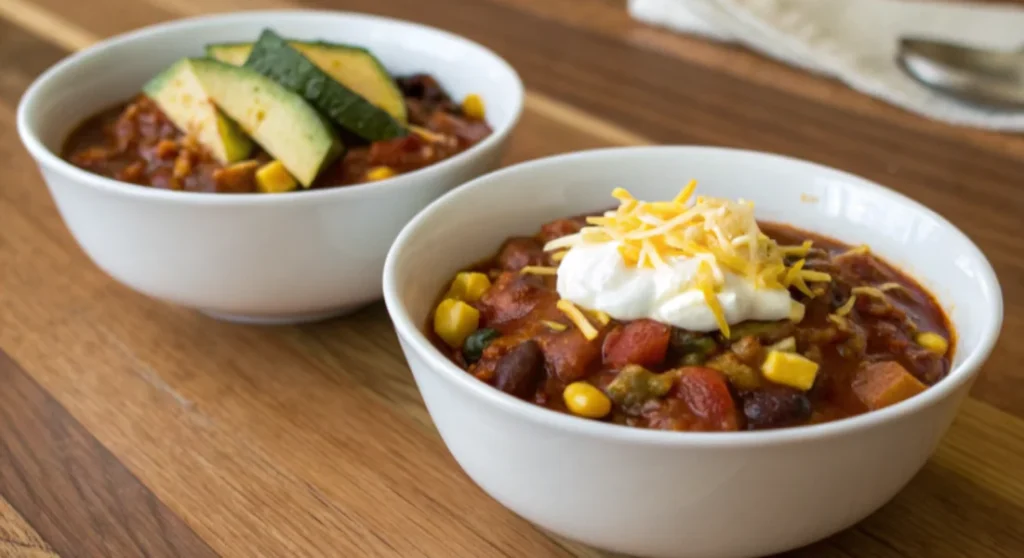  Two bowls of chili: one vegetarian with zucchini and corn, and one with cheese and sour cream