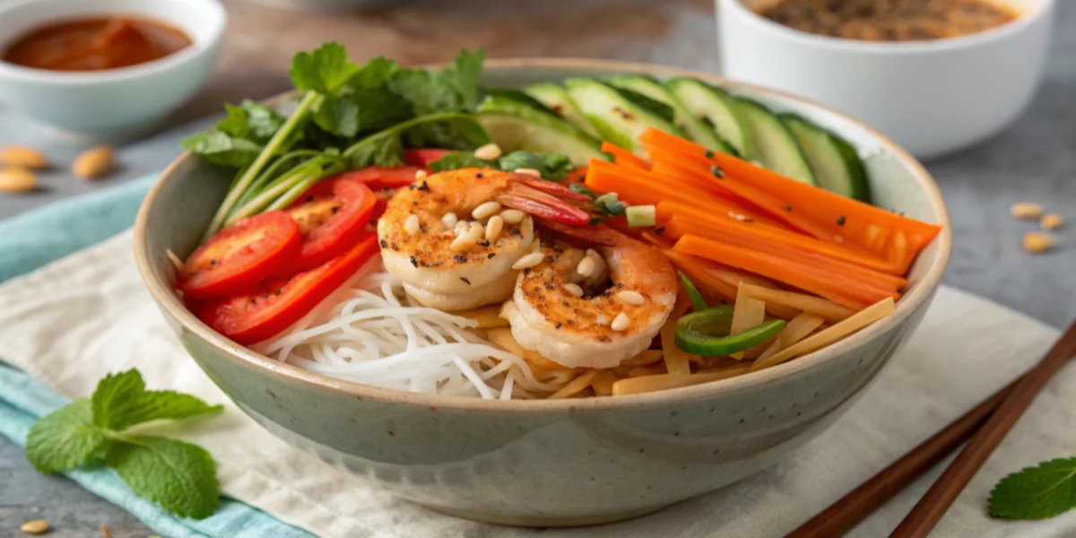 A colorful spring roll bowl with rice noodles, vegetables, shrimp, and peanut sauce