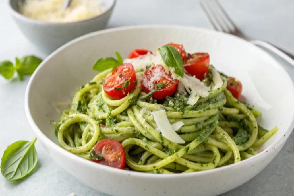 A bowl of zucchini noodles with basil pesto, cherry tomatoes, Parmesan, and basil leaves on a minimalist light-gray background