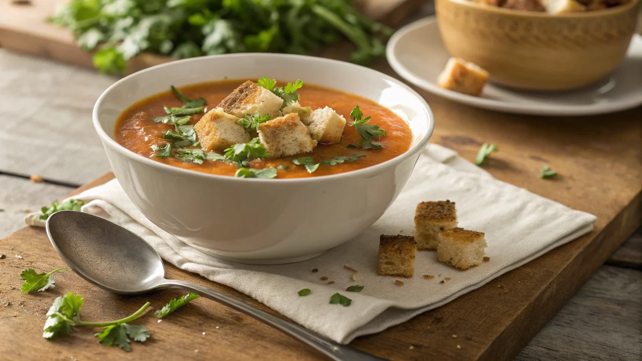 A steaming bowl of soup garnished with fresh herbs and croutons on a rustic wooden table.