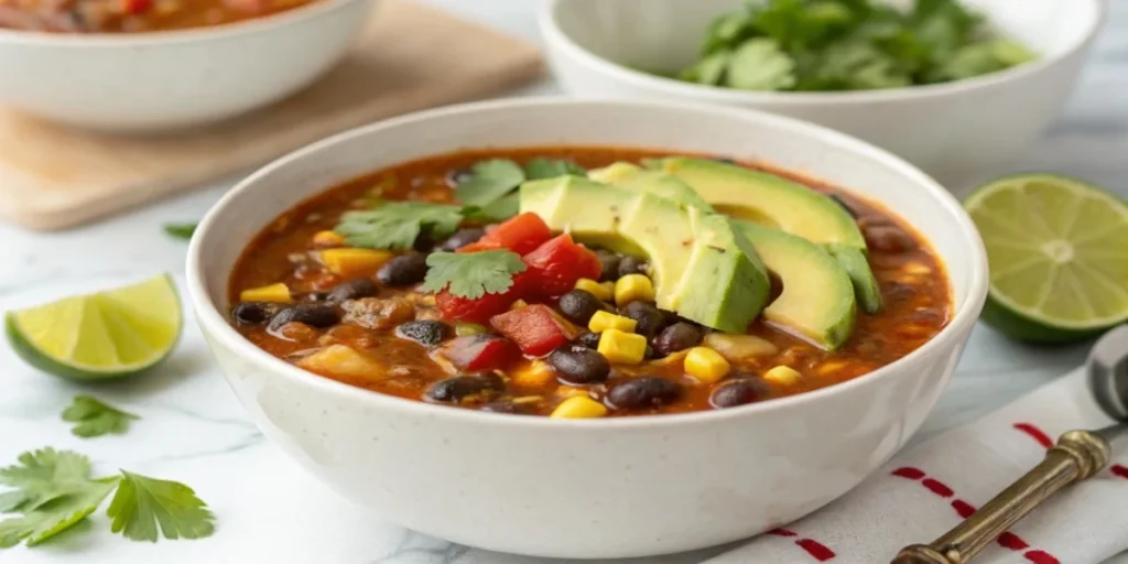 A vibrant bowl of taco soup frios topped with avocado slices, lime wedge, and cilantro, showcasing colorful ingredients like black beans, corn, and tomatoes, served in a cozy and rustic setting.