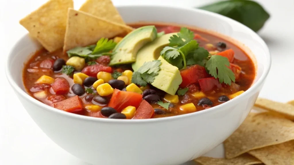 A vibrant bowl of taco soup frios topped with fresh avocado slices, diced tomatoes, black beans, corn, cilantro, and tortilla chips, placed on a rustic wooden table with fresh ingredients and a glass of iced juice in the background.