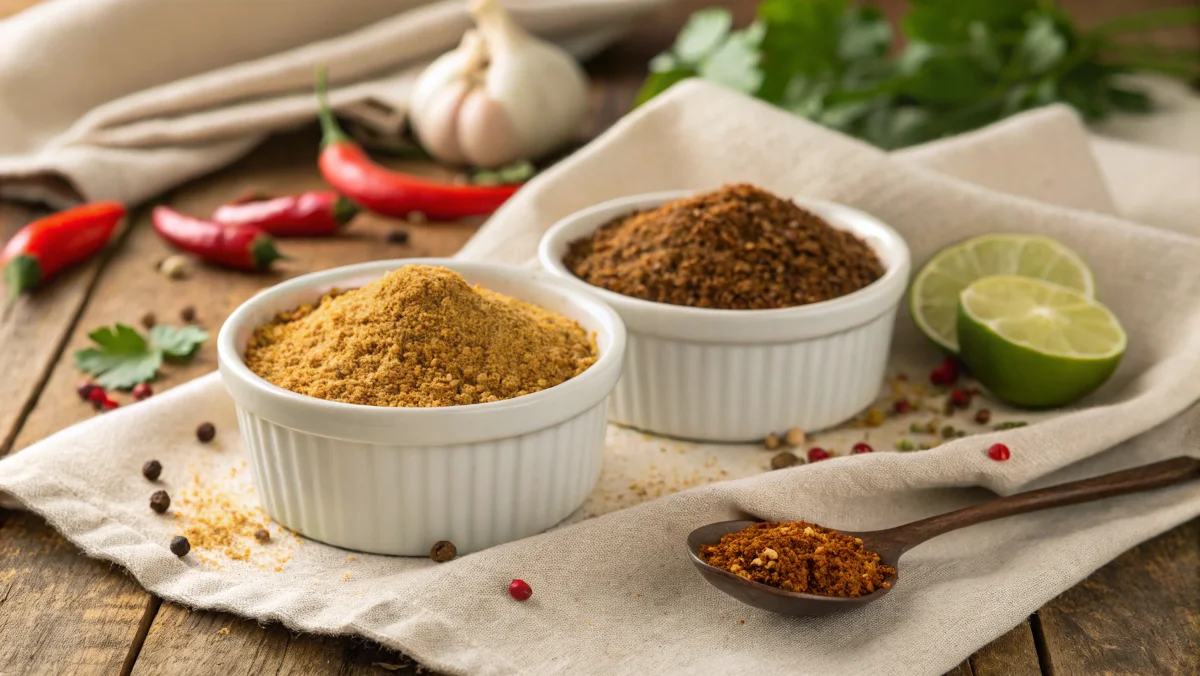 Two bowls of taco seasoning with fresh spices on a rustic wooden table