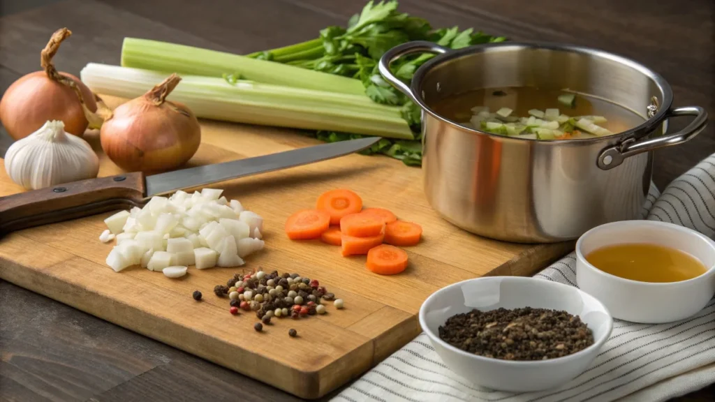 Chopped onions, garlic, celery, and carrots on a cutting board with a pot of broth in the background.