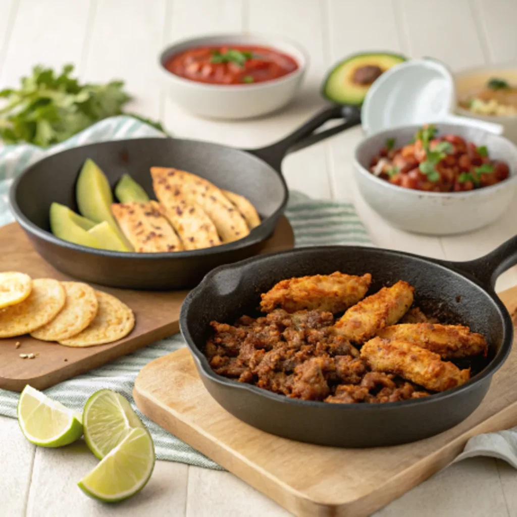 Chicken and beef cooking in separate skillets, each seasoned with different taco seasonings