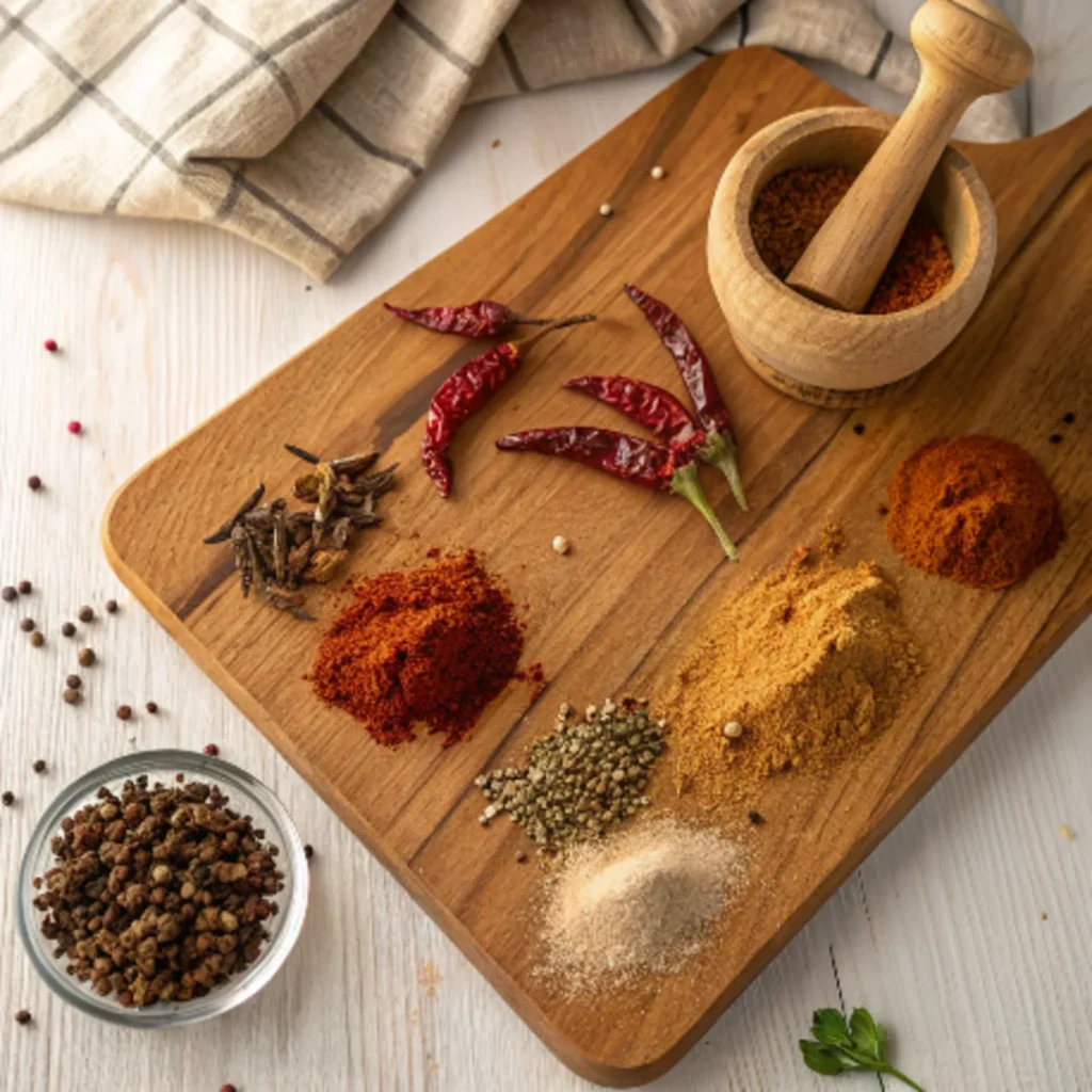 A variety of fresh spices like chili powder, cumin, and paprika displayed on a wooden cutting board