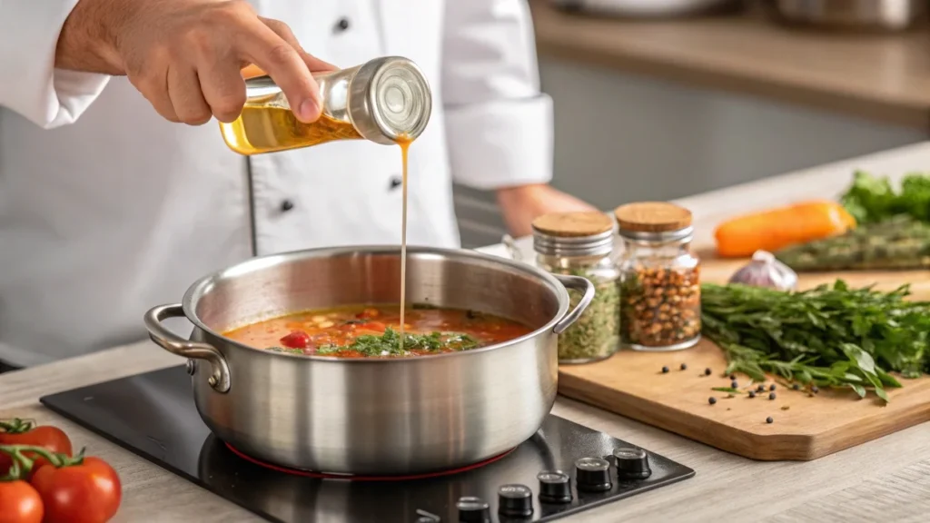 A chef pours vinegar into a pot of soup, illustrating its role in balancing and brightening flavors.