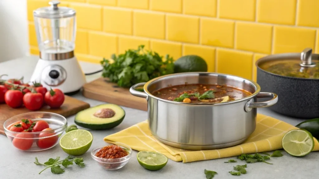 A vibrant kitchen scene with a stainless steel pot of taco soup frios surrounded by fresh ingredients, including avocado, tomatoes, lime, and herbs, on a well-organized countertop featuring a modern blender and a bright yellow tiled background.