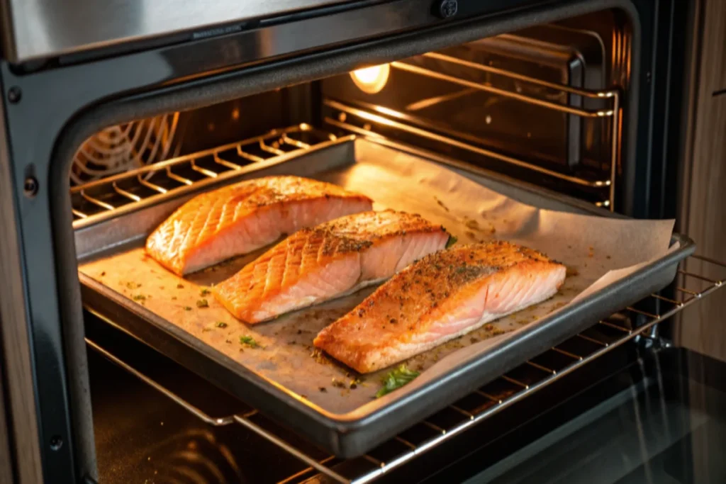 Salmon fillets caramelizing under the broiler inside an oven, with the edges turning golden brown