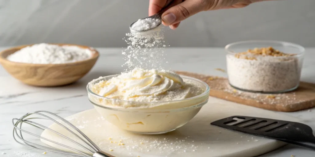 A hand adding powdered sugar to cream cheese filling to thicken it.