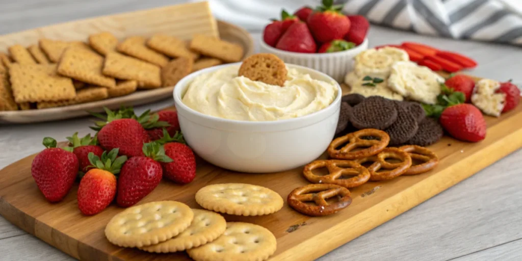 Cream cheese filling repurposed as a dessert dip with cookies, strawberries, and pretzels.